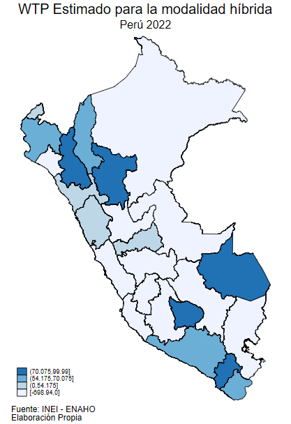 Mapa temático del Perú que muestra la disposición a aceptar cambios salariales para acceder a la modalidad híbrida de trabajo en 2022.