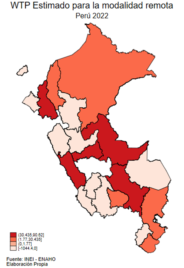 Mapa temático del Perú que muestra la disposición a aceptar cambios salariales para acceder a la modalidad remota de trabajo en 2022.